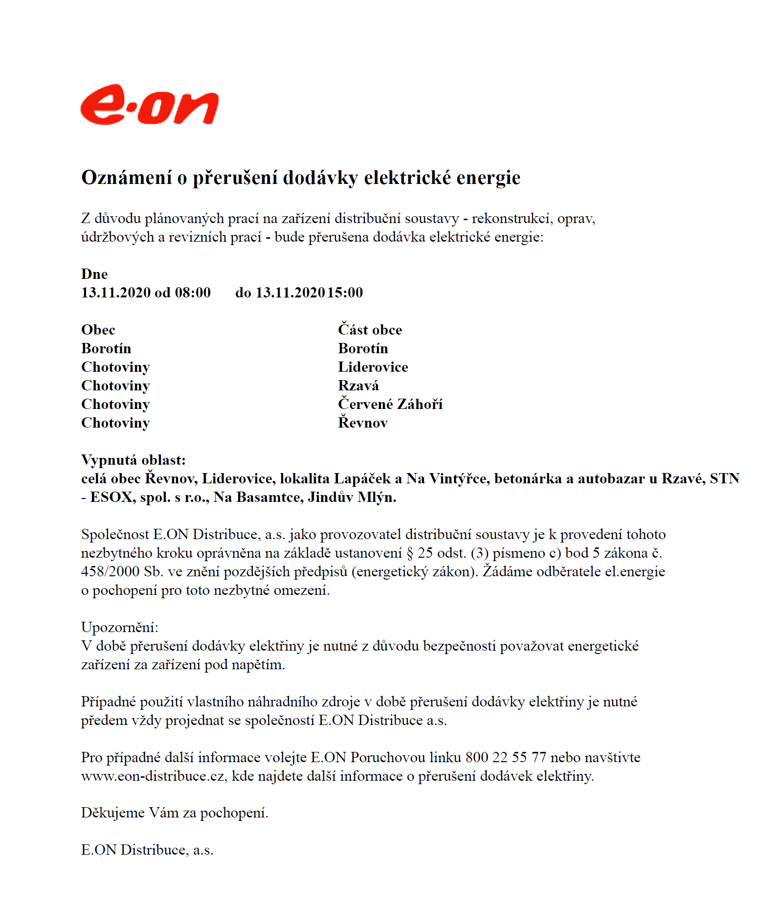 Přerušení dodávky elektrické energie