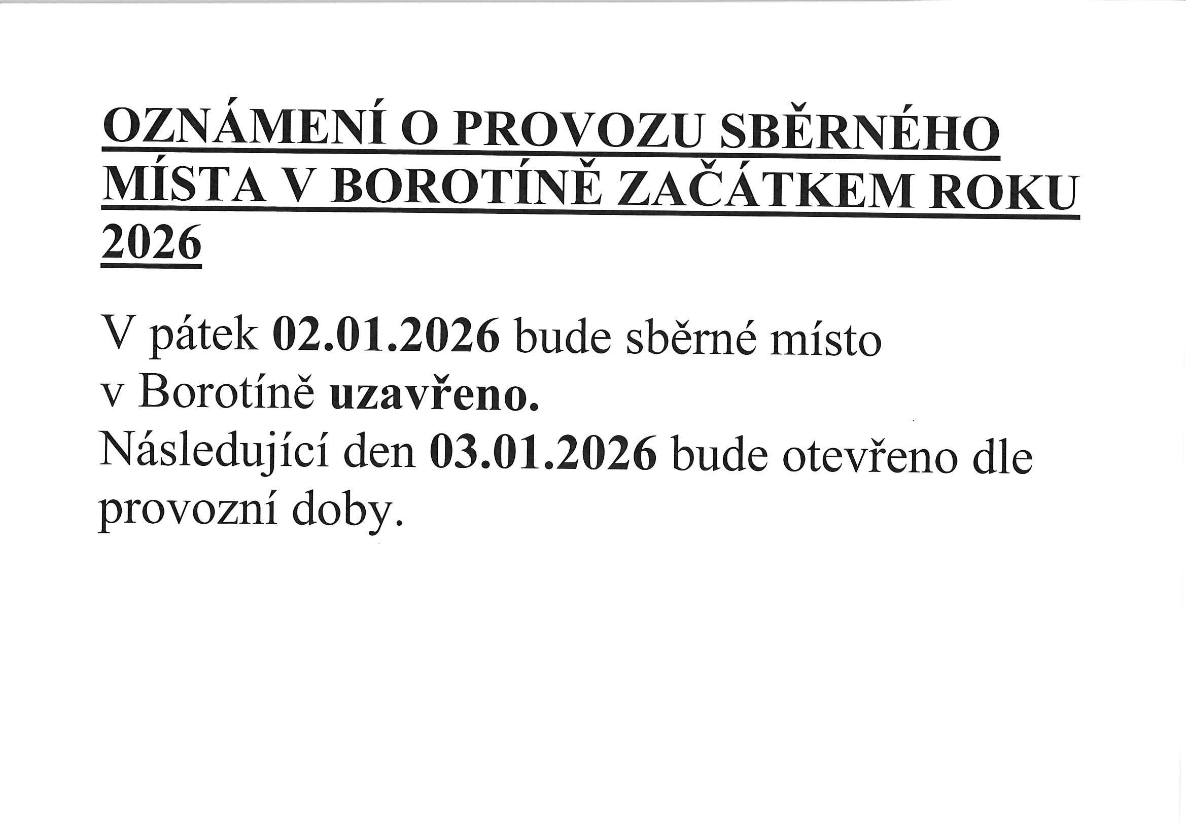 Oznámení o provozu sběrného místa