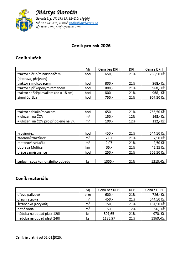 Ceník městyse pro rok 2026