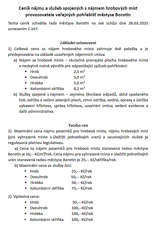 Ceník pronájmu hrobových míst