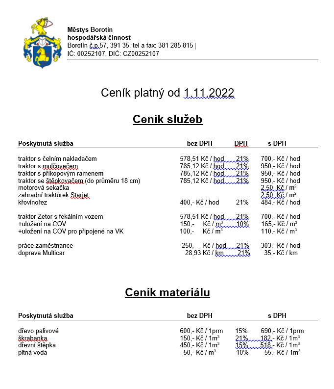 Ceník služeb poskytovaných hospodářskou službou